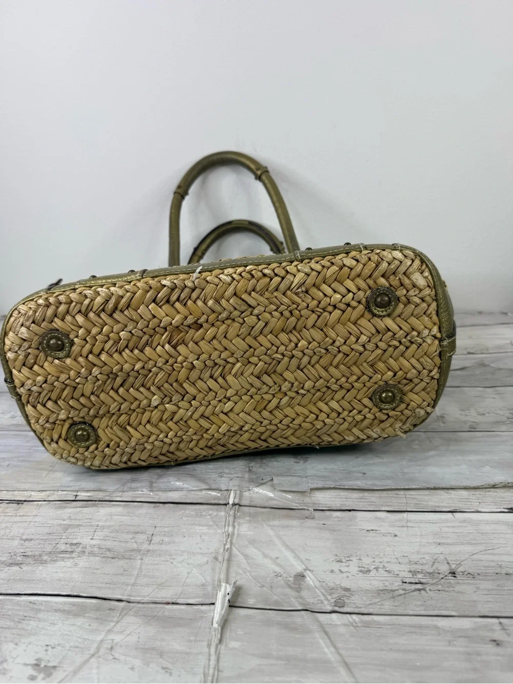 J. Crew Straw Tote with Metallic Gold Trim and Navy Interior